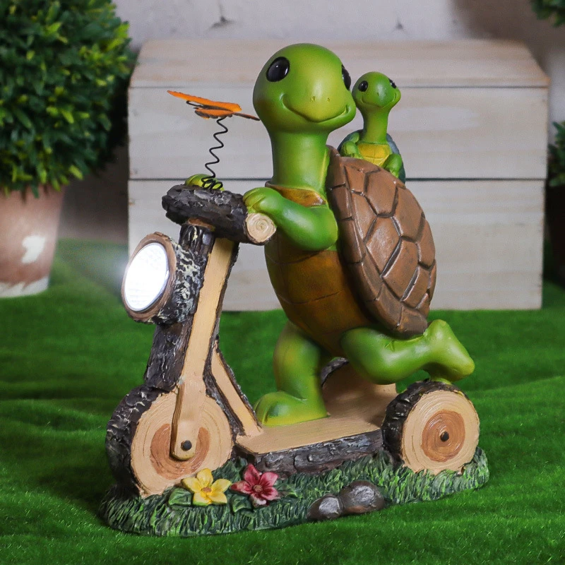Garden Solar-Powered Mother and Child Turtle Riding Bike Ornament, Garden Decoration, Simulated Animal Sculpture, Mother's Day G
