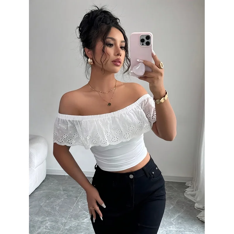 Golden Label Spring/Summer New Fashion Simple Elegant Solid Color Hollow Jacquard Off-Shoulder Crew Neck Top-Shirt Women,