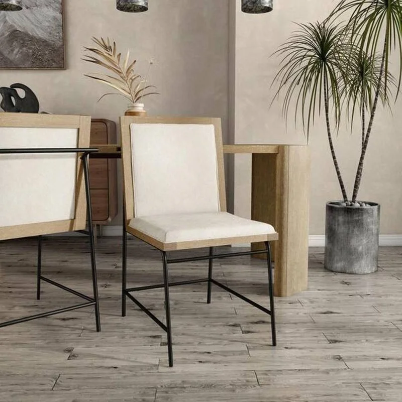 

Contemporary 2PC Dining Side Chair with Upholstered Seat and Back, Metal Legs, Oak and Beige Finish