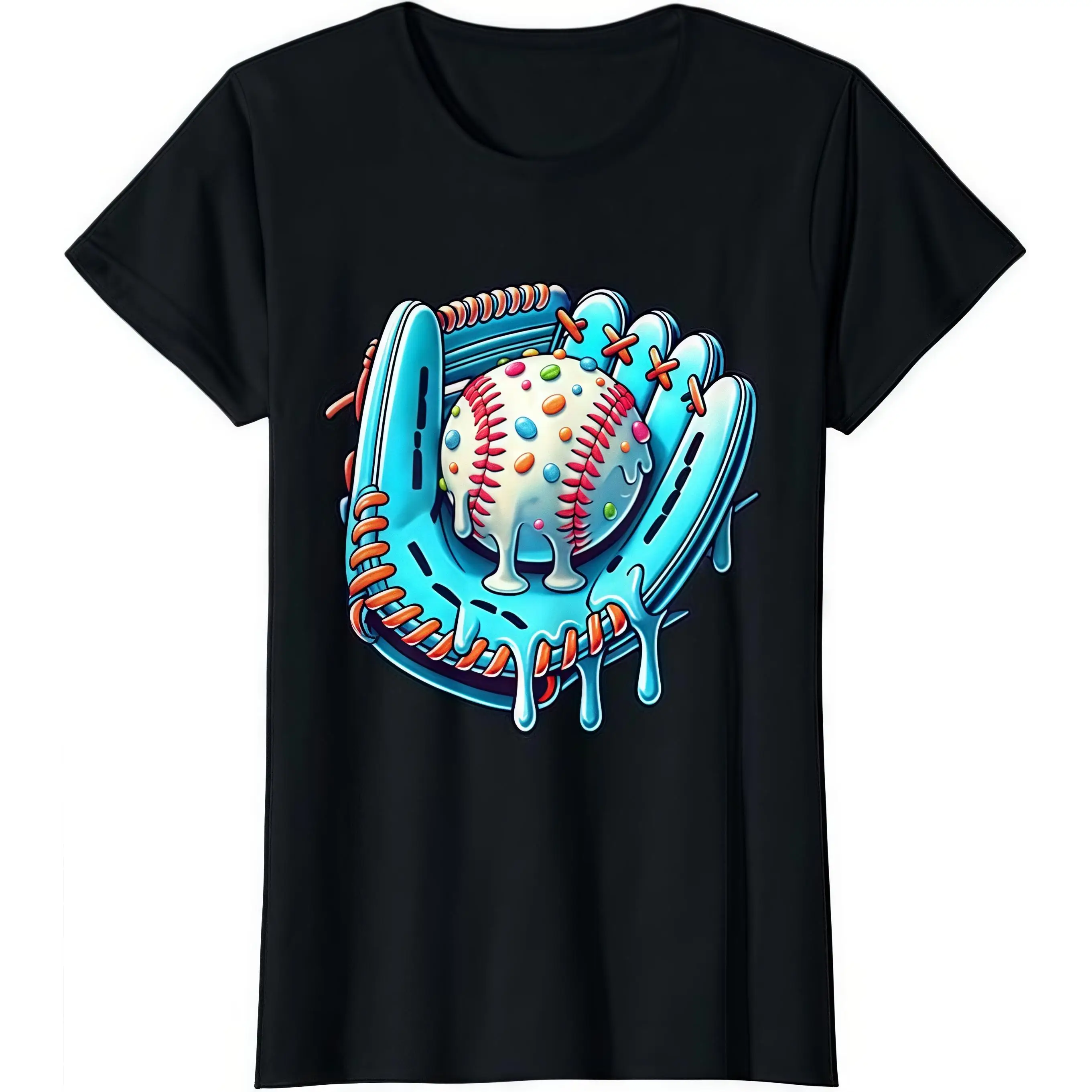 

T - Shirt With “Candy - Drip Baseball Glove” Surreal Sports Art, For Playful Baseball Fans.