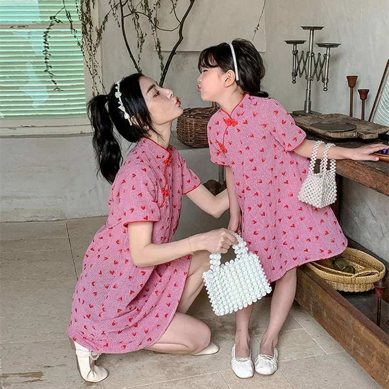 

Mummy and Daughter Qipao Dress Chinese Style Mother Baby Girls Matching Dresses Short Sleeve Summer Mom and Me Cheongsam Robe