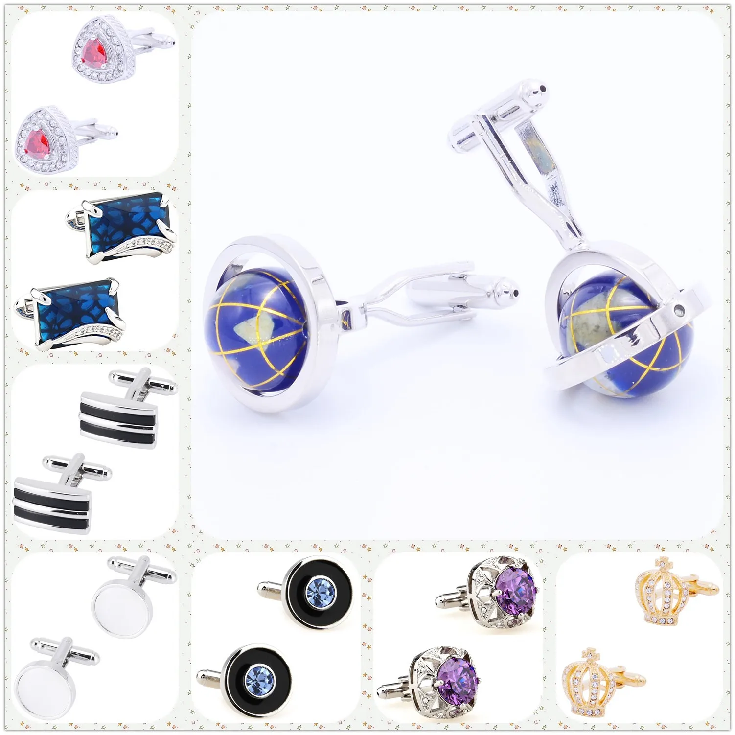 Stone Cufflinks 27 Designs Men Cuff Links Free Shipping Crown Shell Globe Opal Black Blue Red Pink Purple White Colors