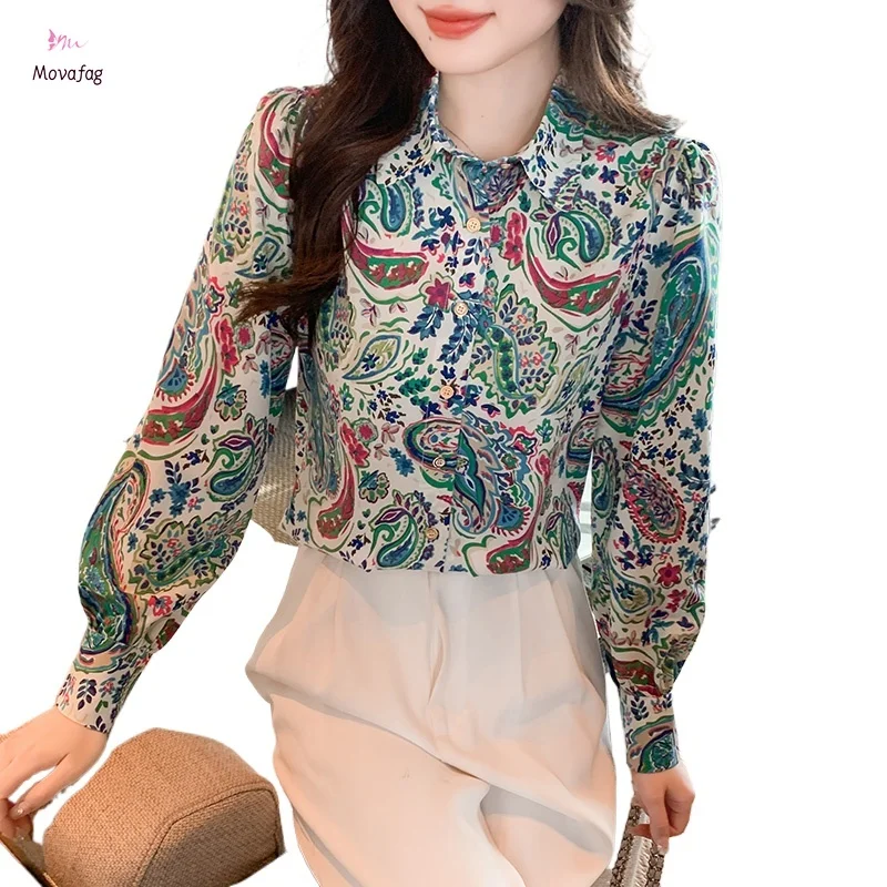 

Блузка Женская атласная с длинным рукавом, Повседневная модная рубашка с пуговицами и принтом, корейский стиль, лето
