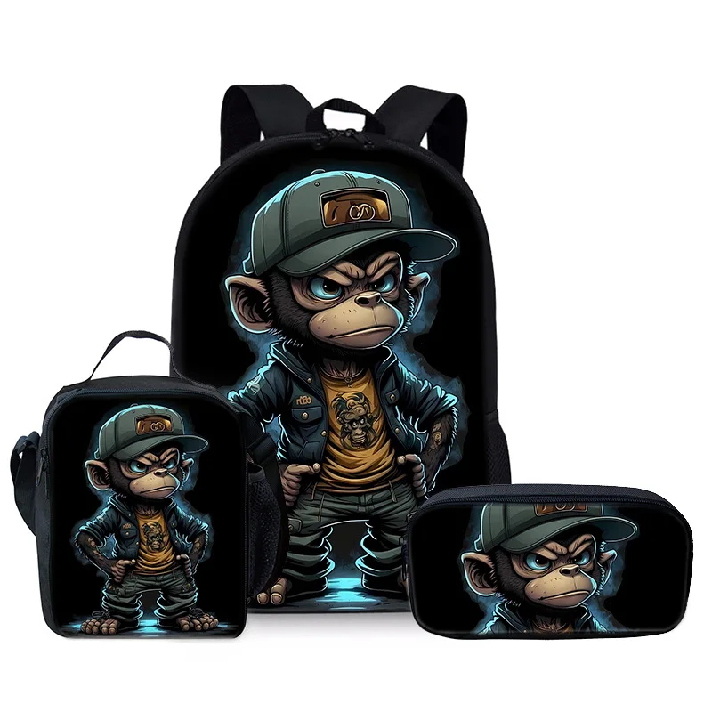 Trendy Popular Novelty monkey 3D Print 3pcs/Set Student School Bags Laptop Daypack Backpack Crossbody Lunch bag Pencil Case