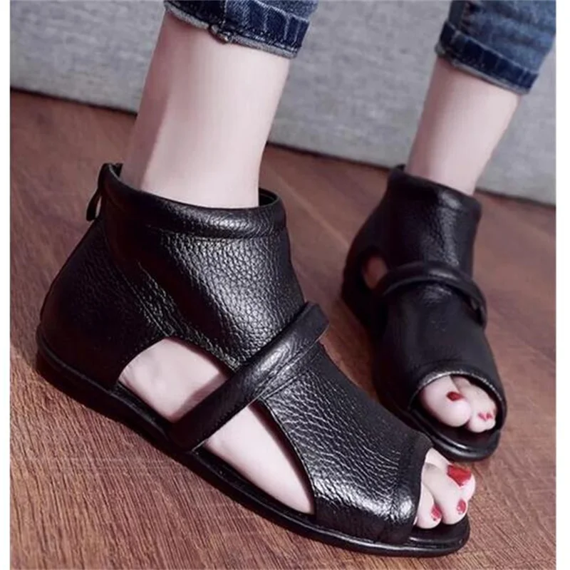 Hot 2024 New Fish Mouth Summer Cowhide Leather Sandals Flat Shoes Women Sandals Comfortable Soft Women Shoes Sandals Casual Shoe