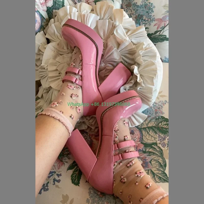 Lady pink elegant Mary Jane chunky heel shoes duble strap high heels summer dress shoes daily cover heel fashion footwear size43