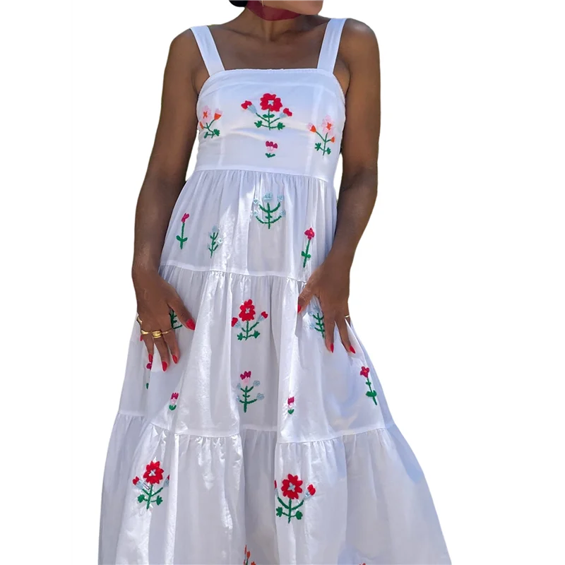 CGS-Vestito lungo ricamato da donna senza maniche smock fluido prendisole Boho Abiti lunghi estivi Vocazione sulla spiaggia