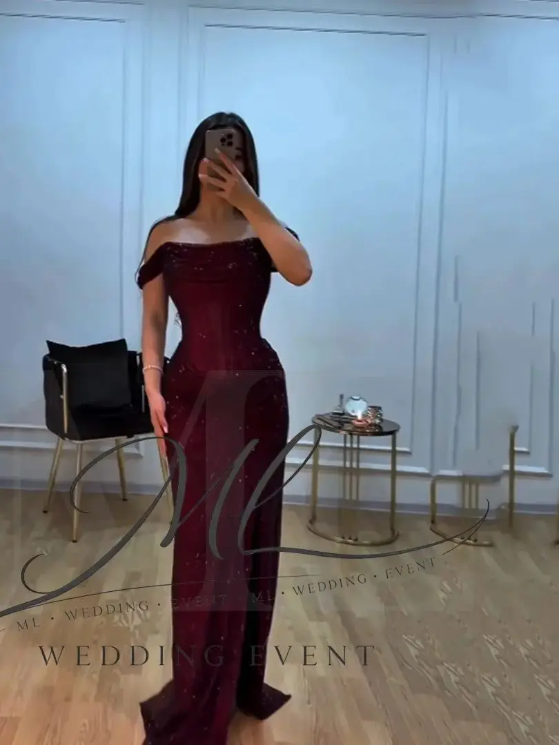 ML Burgunderrotes Schlitz-Glitzerkleid Maßgeschneidertes Abendkleid Pastell Unisex Jersey Retro Dubai Saudi-Arabisches Ballkleid nach Maß