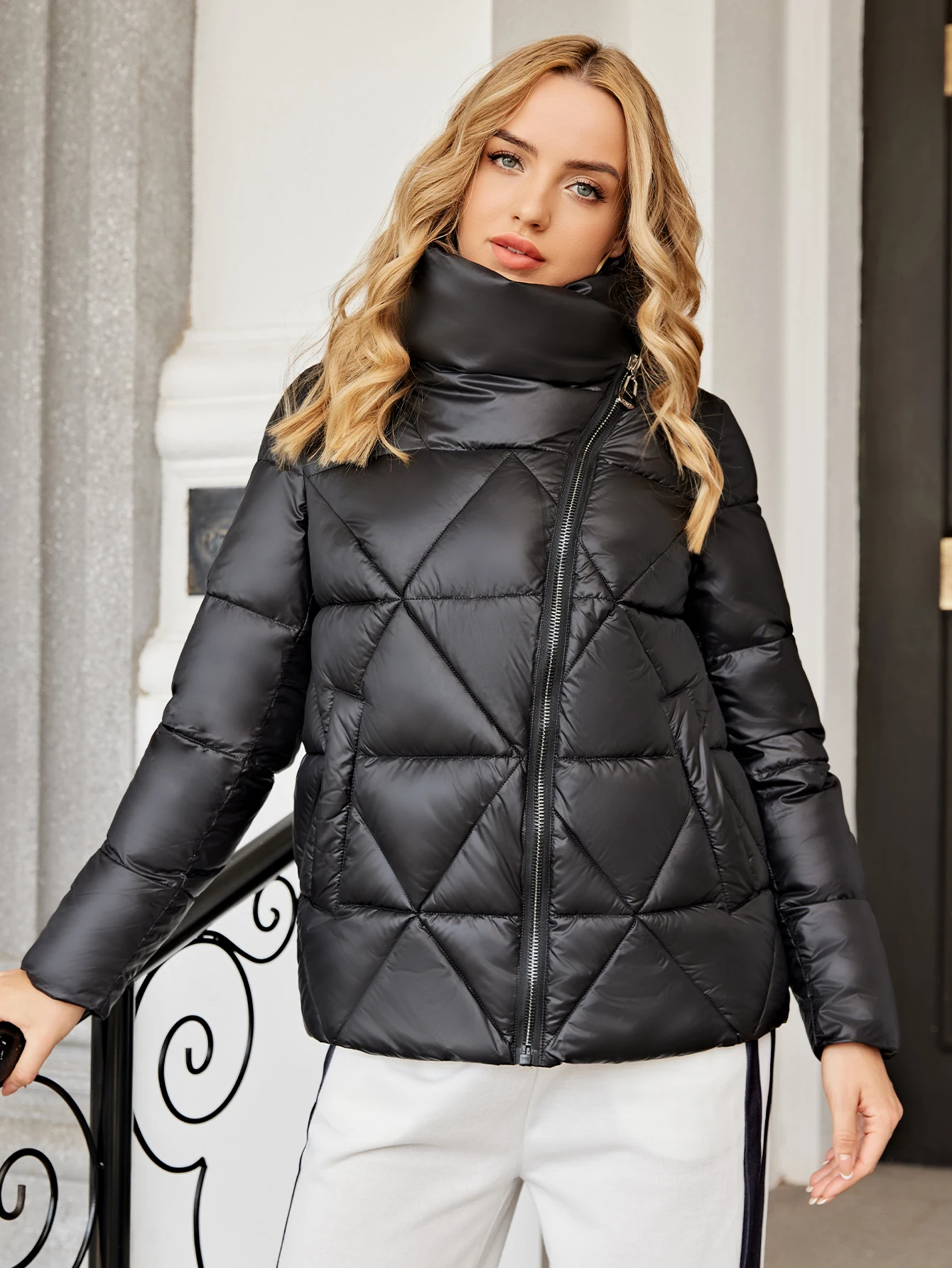 ZIAI Women's Jacket Casual Outdoor Zipper oblique access control stand collar warm Coat Fashion quilted thickened Coats ZR-20203