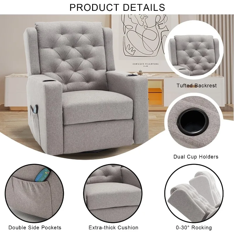 home.330lbs Oversized Swivel Rocker Recliner Chairs Wide Seat Grey Fabric Reclining Rocking Glider Chair with Cup Holders, Heavy