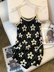 2024 New Summer Floral Pattern Knitted Cami Dress Sleeveless Mini Dress for Spring & Summer  Women's Vacation Clothing Sundress