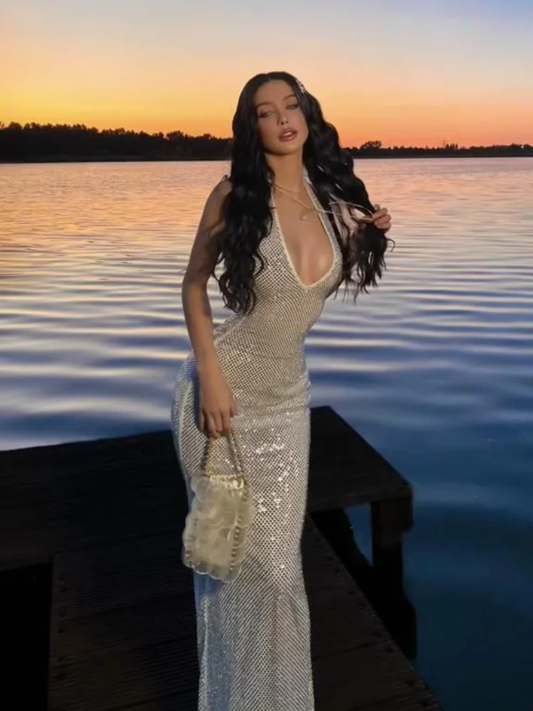 تألق الخامس الرقبة الرسن فستان طويل امرأة بلا أكمام الخصر Cinched عارية الذراعين مثير رداء شيك بلون المرأة فساتين السهرة الجديدة #1