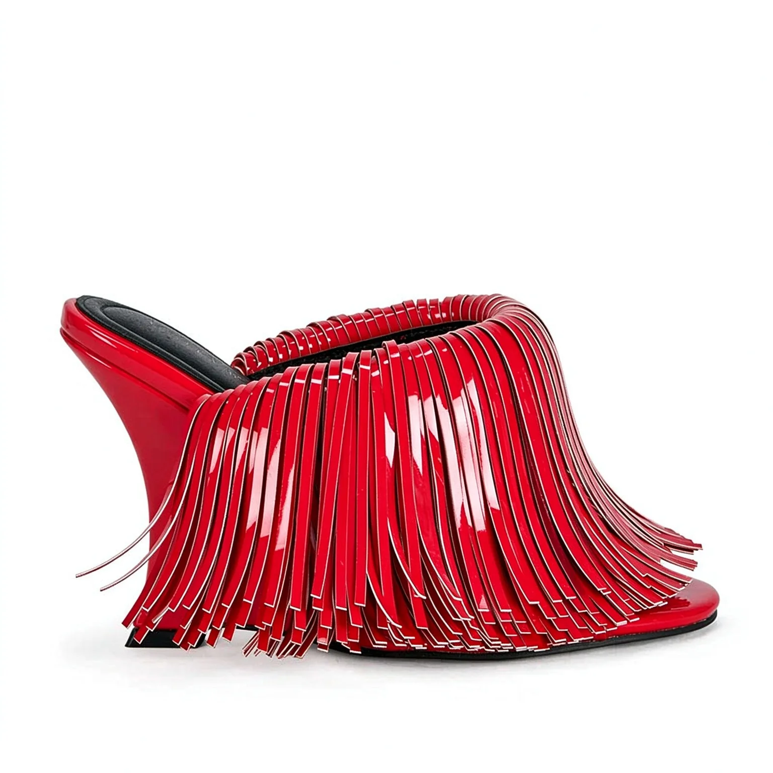 Women Fringe Patent PU Mules Open Toe Extra High Wedge Heel Slip On Slippers Party Evening Nightclub Dress Shoes F684
