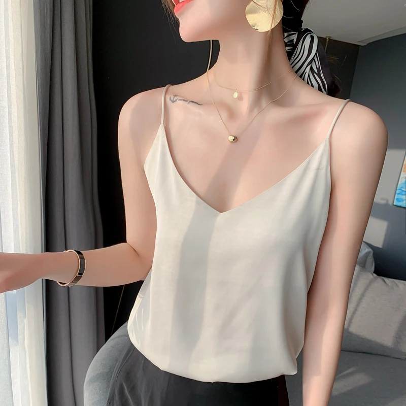 

2023 Summer New Fashion Women's Single Shoulder Sling Vest Bottoming Satin Silk Sleeveless Sexy Top