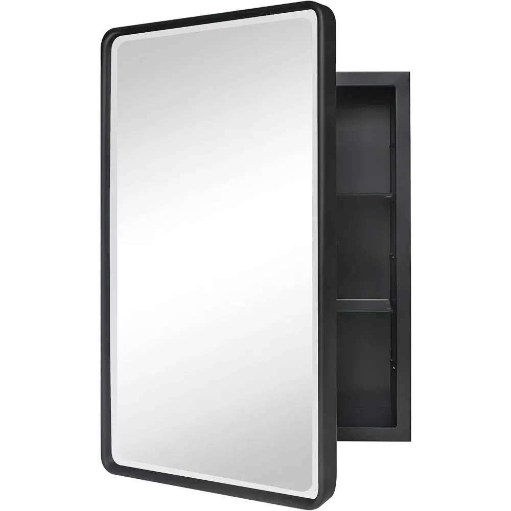 

Rounded Rectangle Bathroom Medicine Cabinet Farmhouse Black Metal Framed Recessed Bathroom Medicine Cabinet with Beveled Mirror