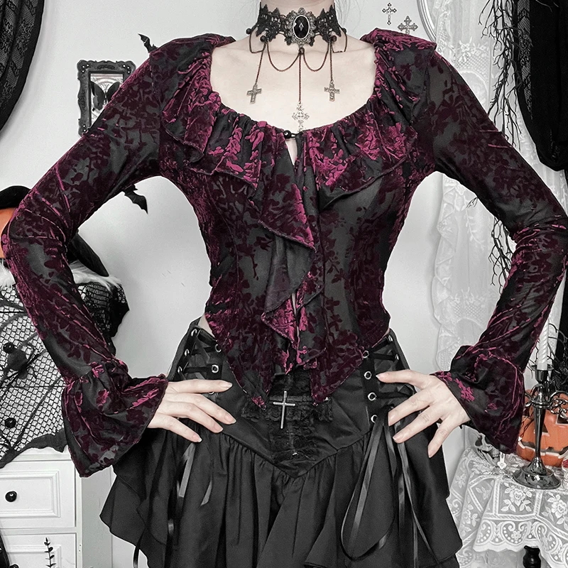 Goth Sexy Lace Flared Long Sleeve Corset Crop Tops Women Aesthetic Black Velvet V-Neck T-shirts Y2K Vintage Tops Tees Streetwear