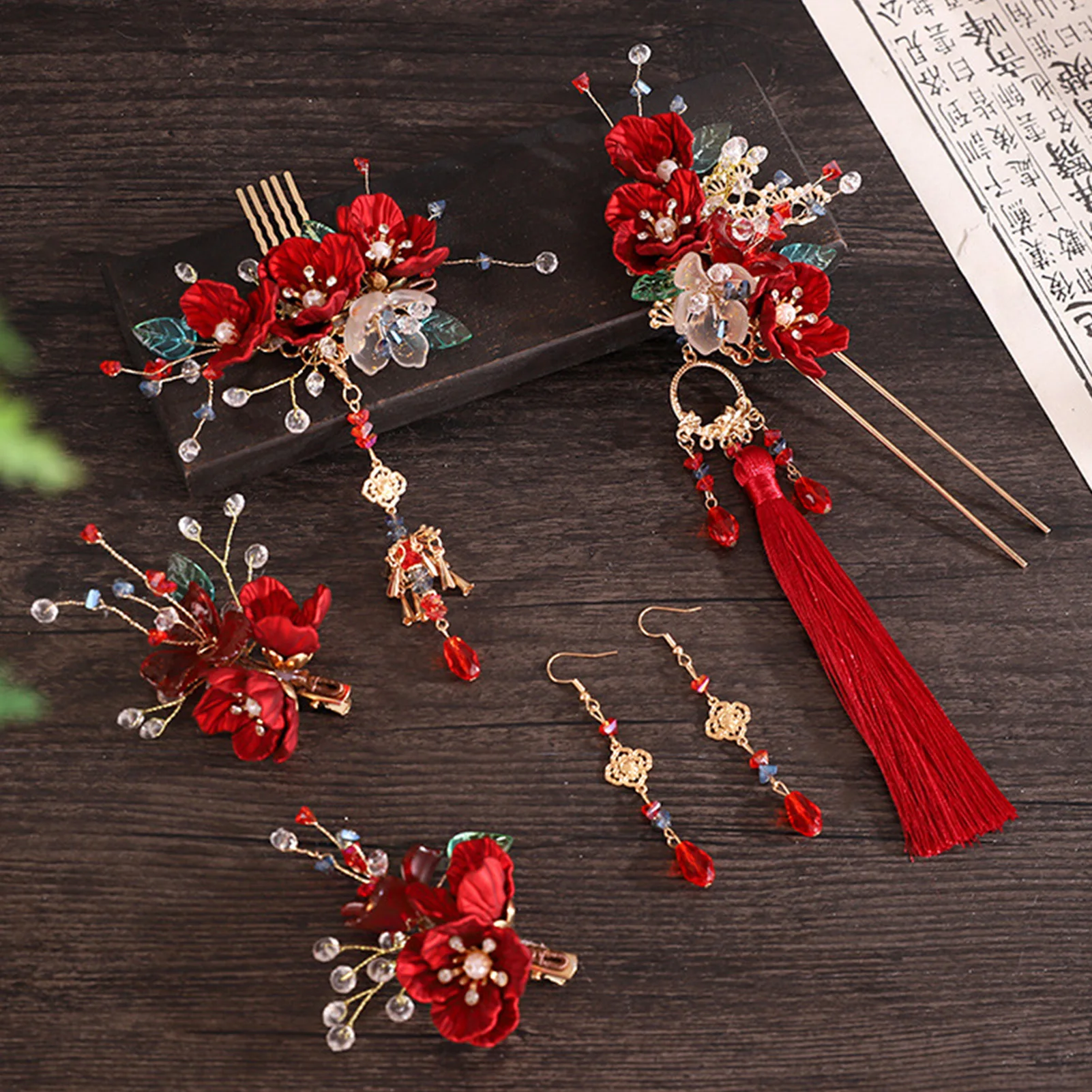 Vintage Rote Blume Haarnadeln Quaste Haarspange Kopfschmuck Schmuck Chinesische Hanfu Haarschmuck Kleid Kopfschmuck Haarspangen Geschenk