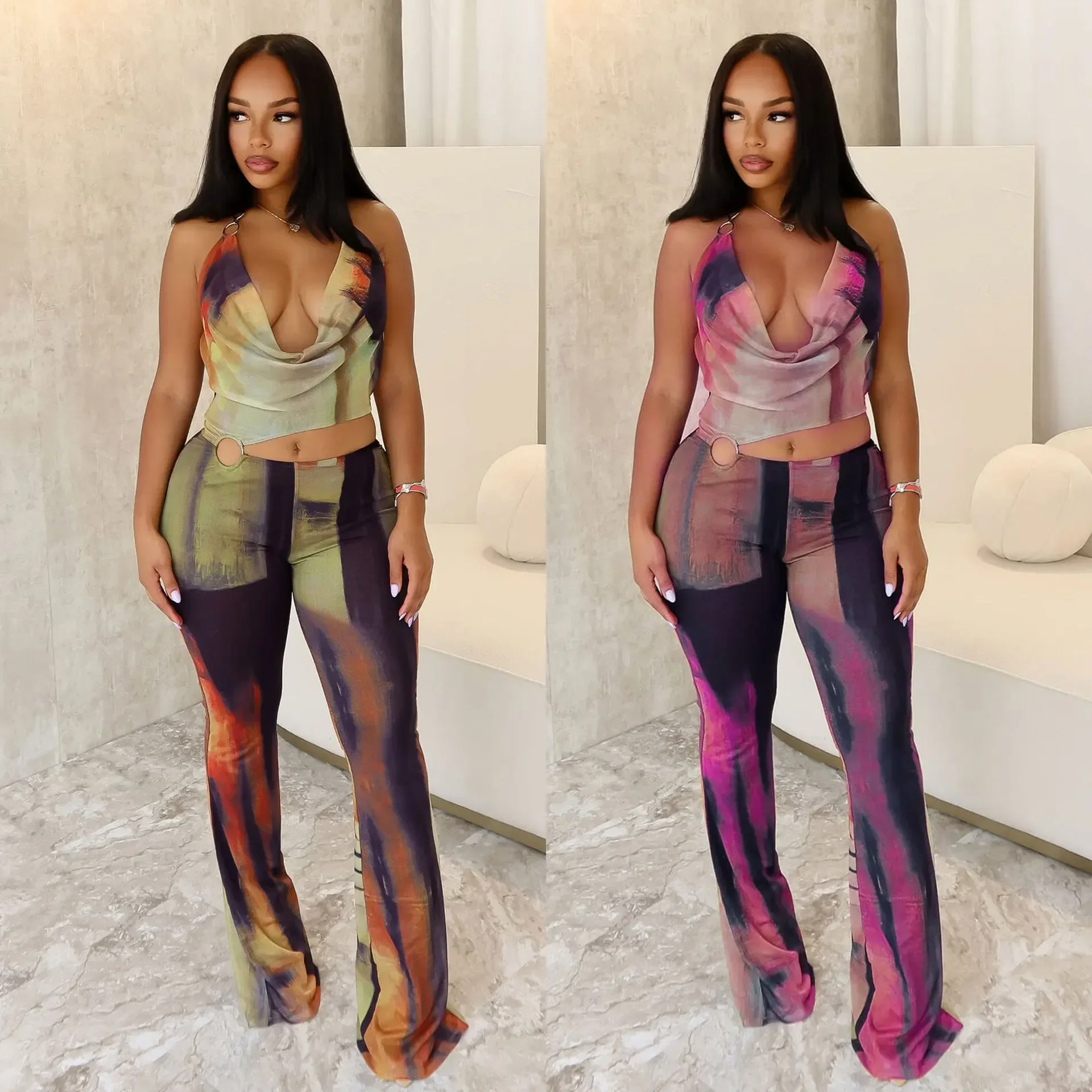 Women Halter Sleeveless Tie Dye Print Wide Leg Jumpsuit Summer Backless Fashion Sexy Party Outfits One Piece Rompers