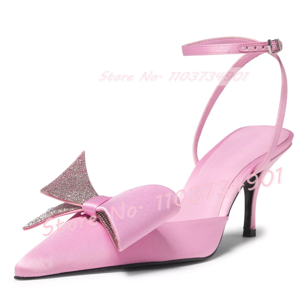 Pink Satin Pointy Toe Sandals With Crystal Bowknot Women Elegant Lace Up Stiletto Shoes Ladies Cross Tied Chic Evening Sandals