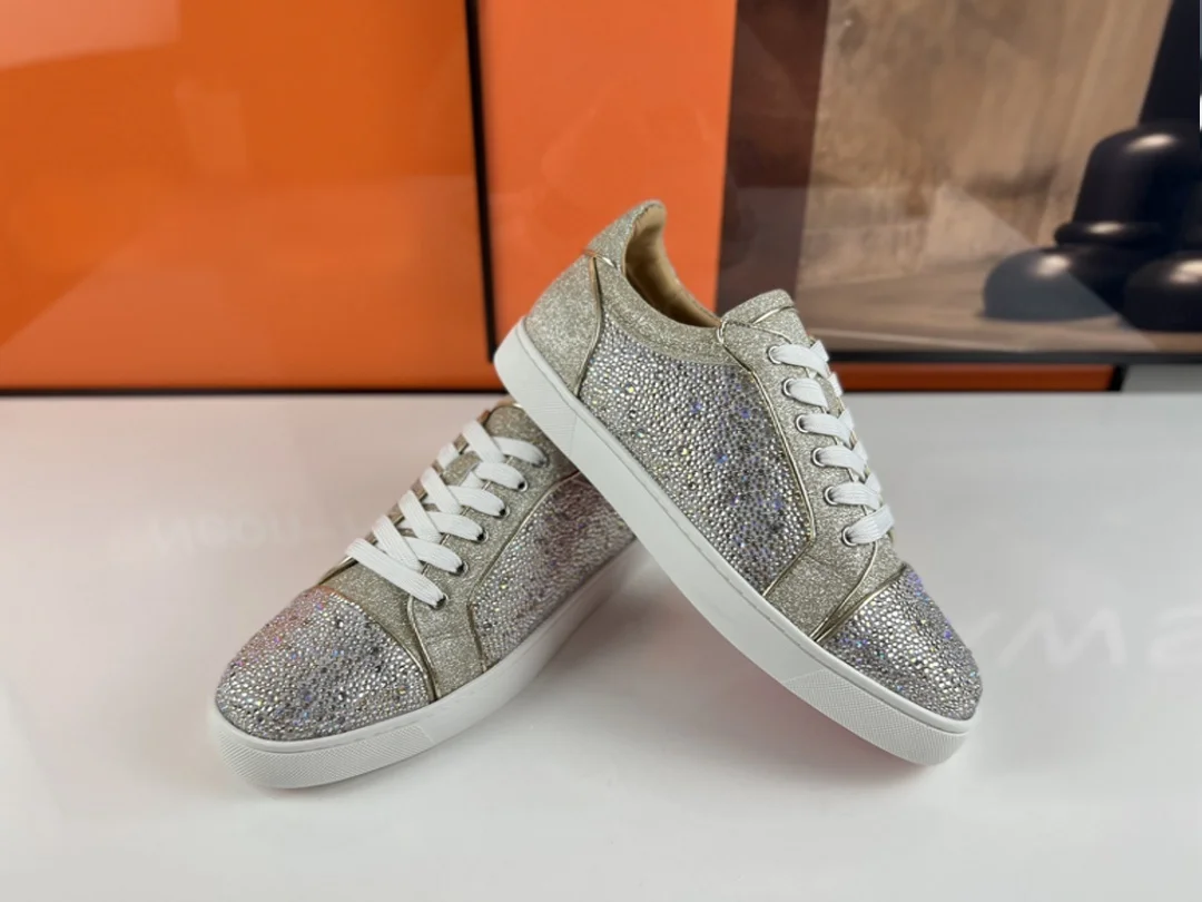 Luxury Rhinestone Shoes Iridescent Crystal Silver Leather Shoes Footwear Lace Up Red Bottom Shoes For Men shoes Casual Shoes