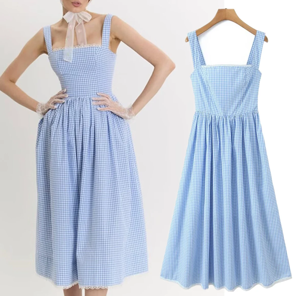 

Jenny&Dave Fashion ELegant Women's Dress Holiday Dresses For Woman French Vimtage Blue Checked Cotton Tank Dress Summer Midi Dre