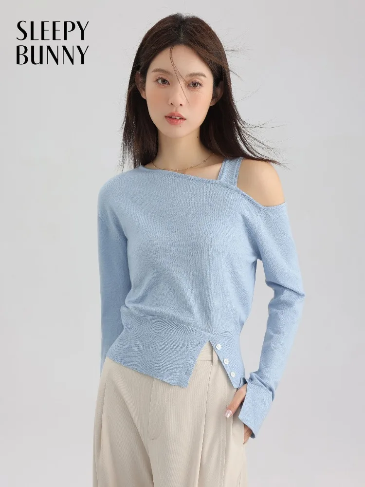 

Chic Knit Sweater Women Elegant Long Sleeve Top Asymmetric Off Shoulder Pullover with Stretchy Fabric and Unique Spring Design