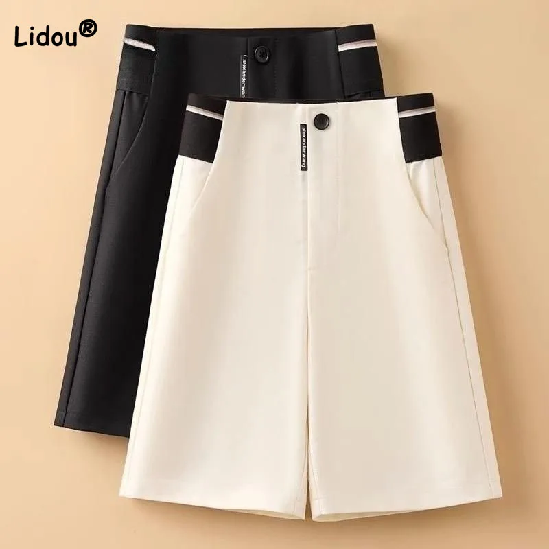 Female Korean Solid Color Spliced Casual Knee Pants Female Summer Fashion All-match High Waist Straight Pants Women\'s Clothing