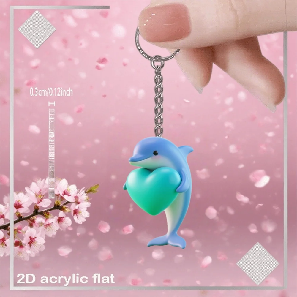 Dolphin Holding Heart Love Keychain 15pcs 2D Acrylic Pendant Perfect Party Gifts Holiday Giveaways Friends Backpacks Accessories