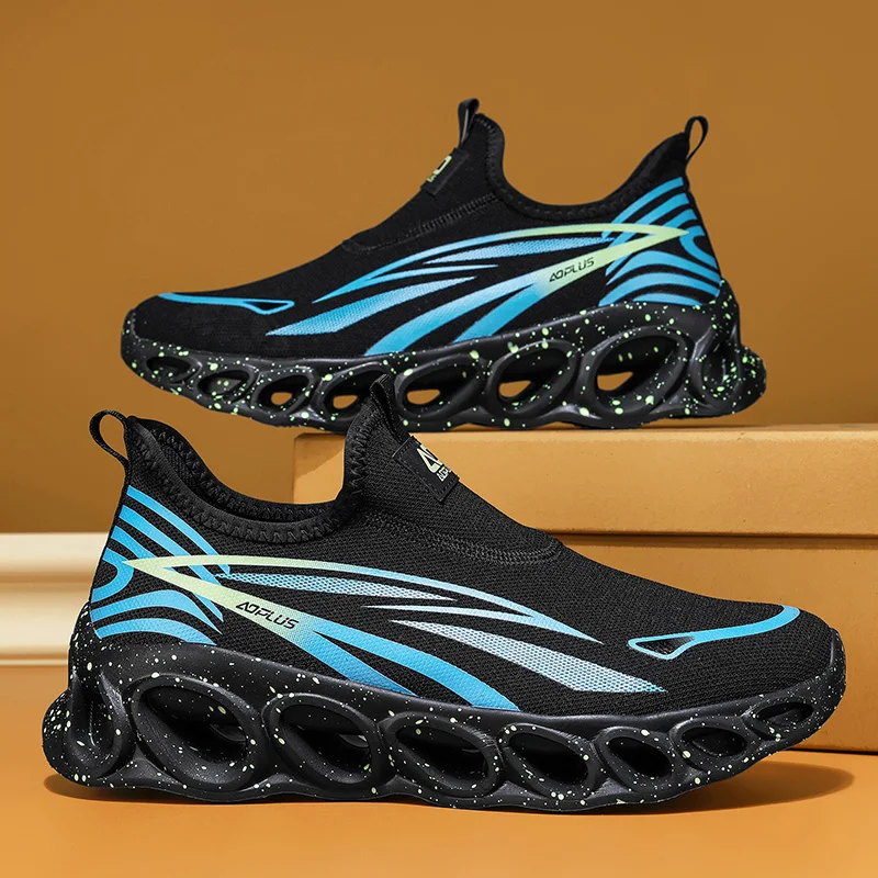 Couple Thick Bottom Slip On Sneakers Hollow Out Cushion Shoes Breathable Mesh No Lace Outdoor Casual Walking Footwear Plus Size - view 3