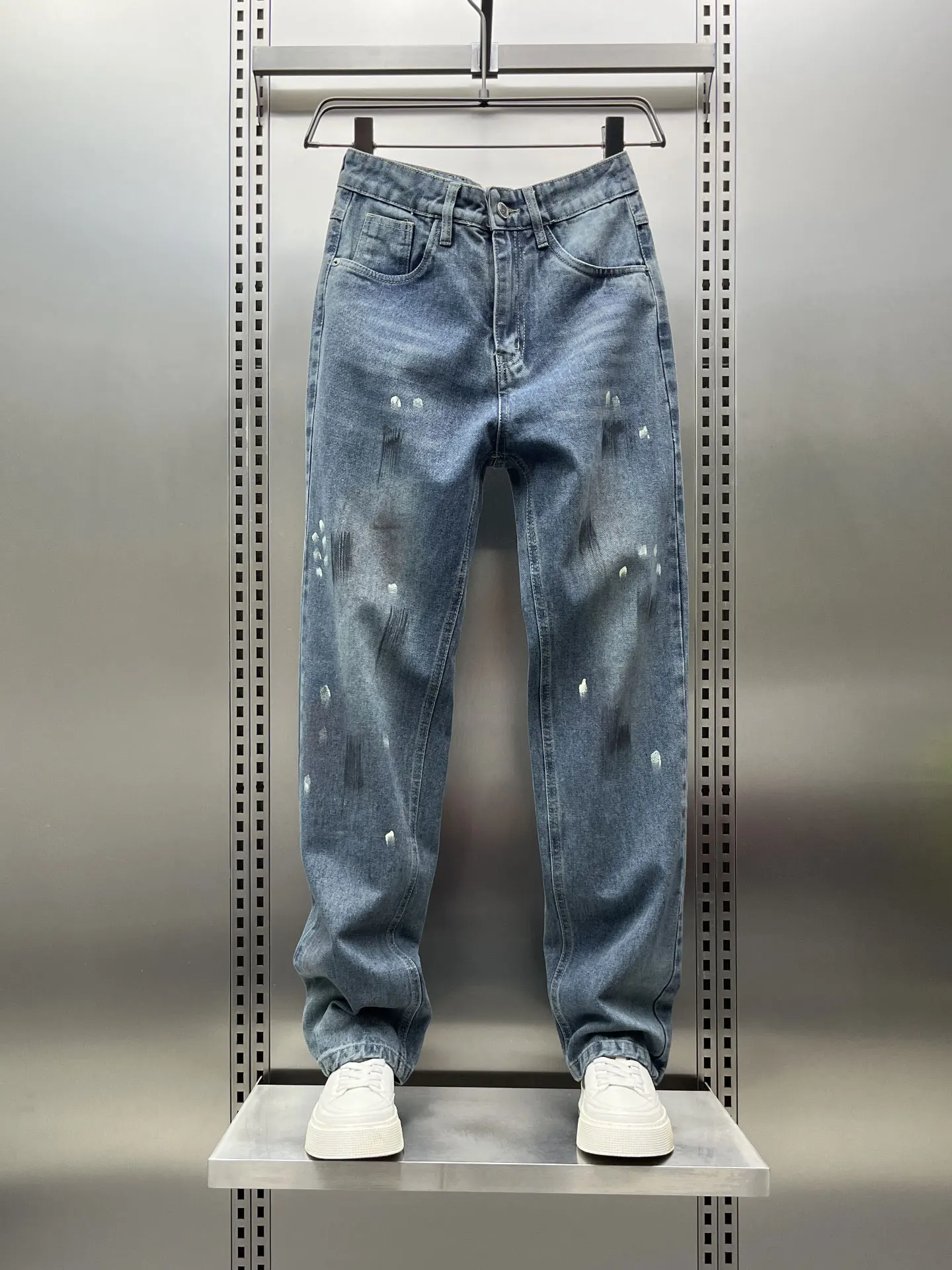 

American Sle Paint Splatter Denim Jeans Men Spring Trendy Vintage Loose Straight Leg Long Pants Casual Jeans Dyed Fabric