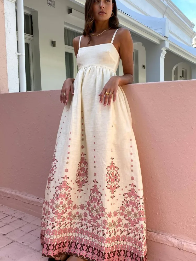 

Summer New Leisure Fashion Printed Cotton Hemp Women Dress Fashion Square Collar Female Straightening Large Swing Vestidos Dress