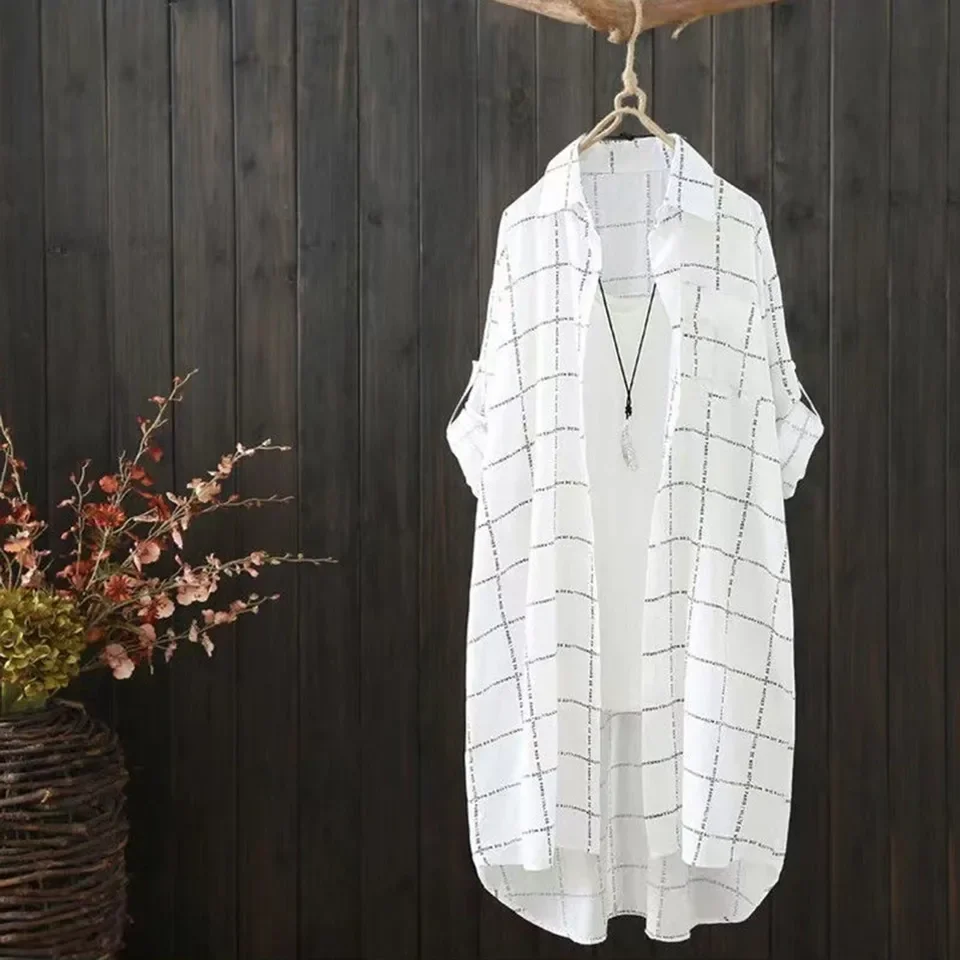 Kemeja Wanita Tipis Bernapas Cardigan Prancis Chic Panjang Sedang Musim Semi 2024 Motif Kotak-kotak Longgar Gaya Korea Ropa Mujer