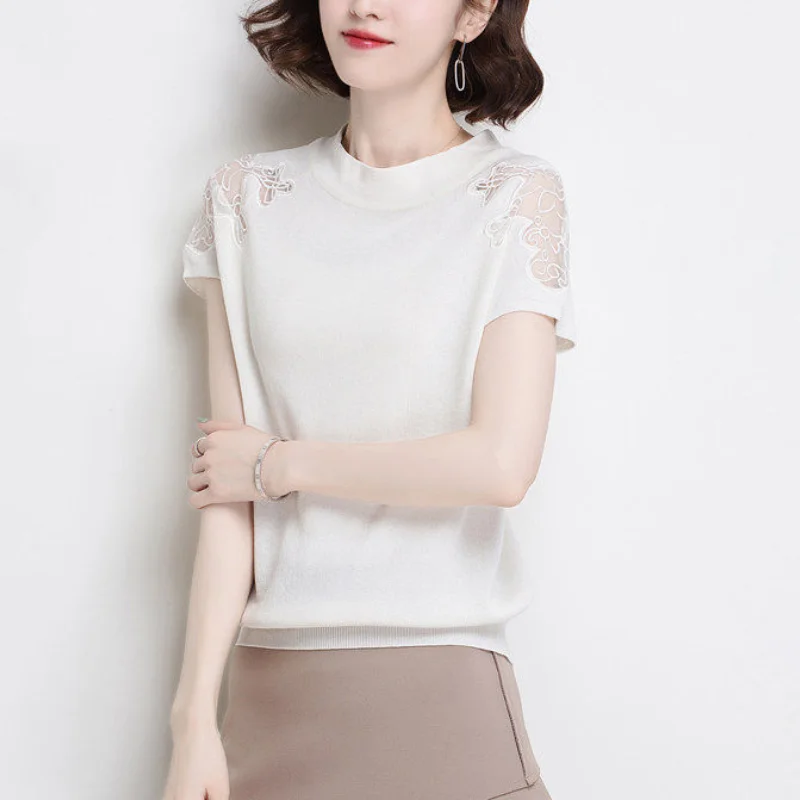 

New Summer Women's Solid Colors O-Neck Short Sleeve Loose Thin Knitted Pullovers Spliced Lace Temperament Fashion Commute Tops