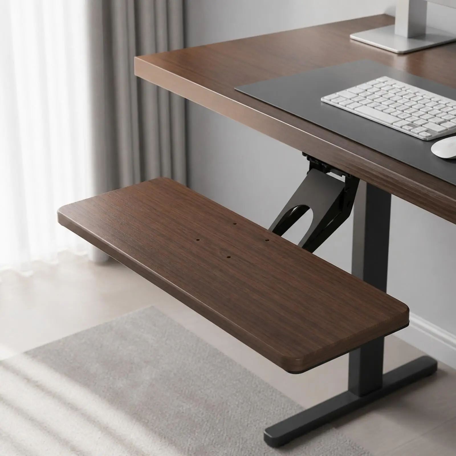 Adjustable Keyboard Tray Under Desk with Sprayed Coating Steel Rail and Natural Wood Board for Workspace