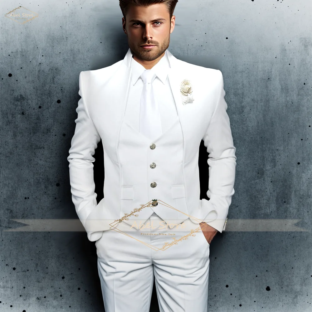 

Men's stand-up collar white elegant suit, personalized wedding party dinner slim fashion suit (jacket vest pants)