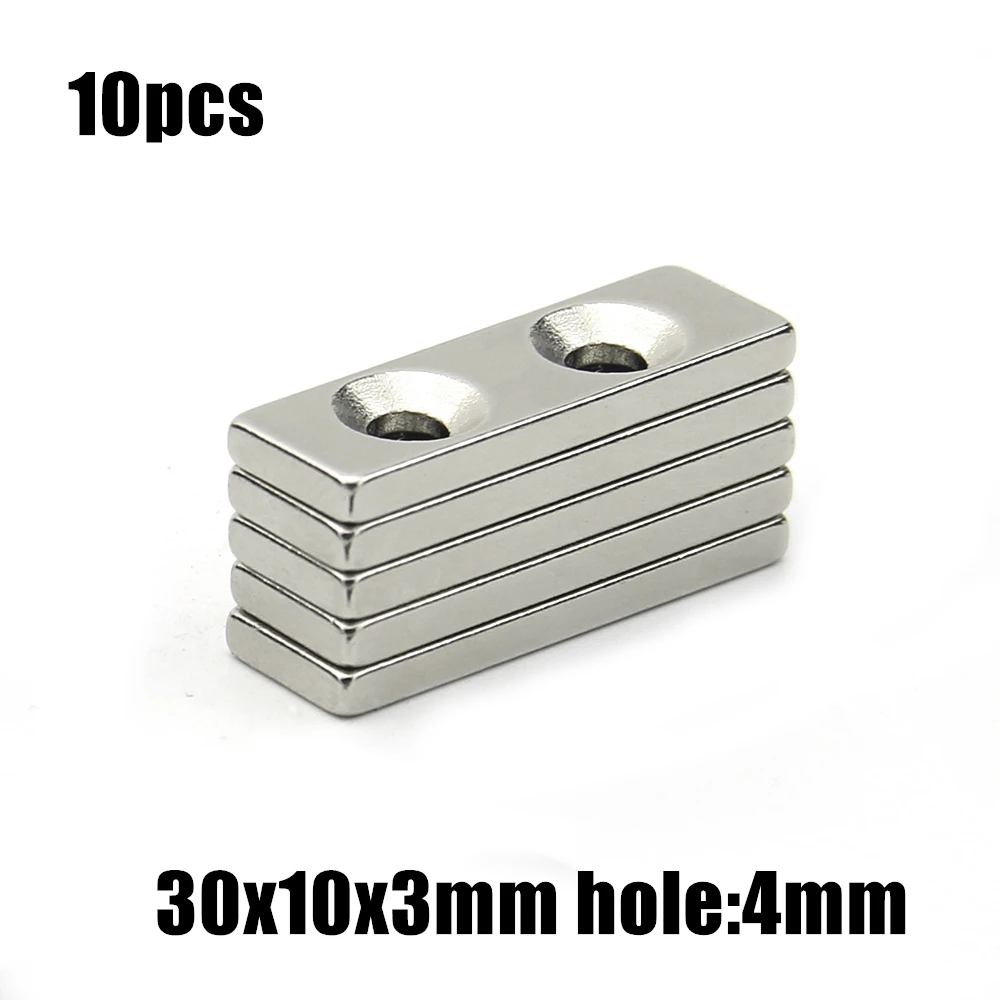 

10pcs 30x10x3mm hole:4mm double hole Block NdFeB Neodymium Magnet N35 30x10x3-4 mm Super Powerful Permanent Magnetic