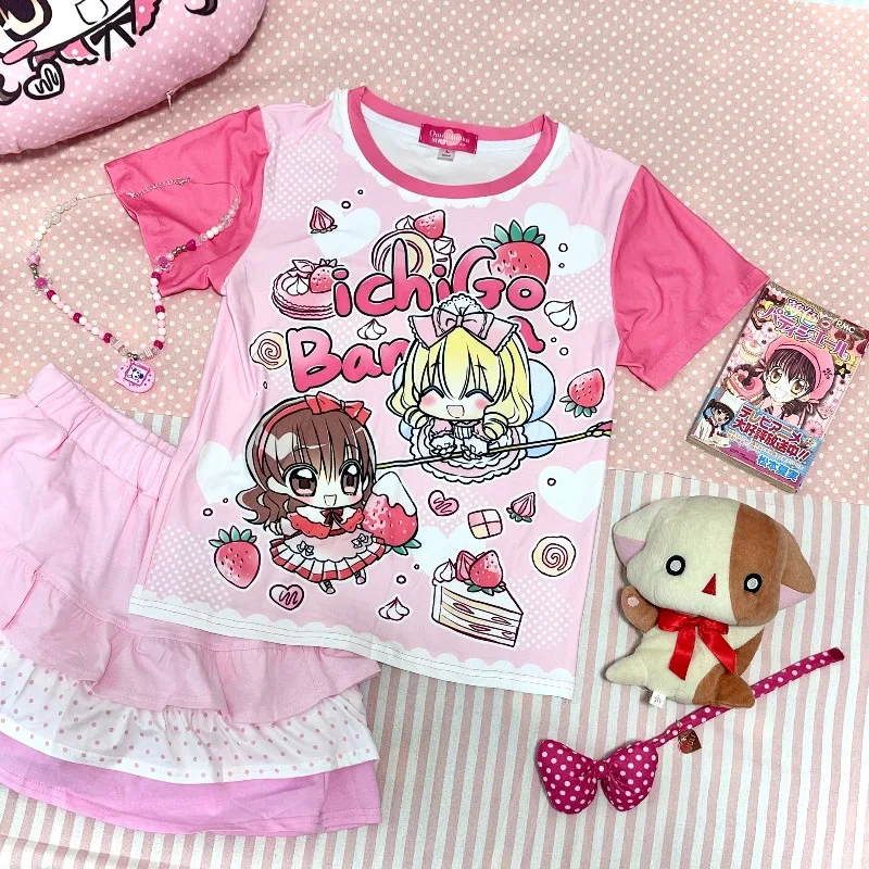 

Sweet Cartoon Anime Print Short Sleeve T-Shirt Subculture Gothic Spliced Color Oversized T Shirt Summer Japanese Punk Style Top