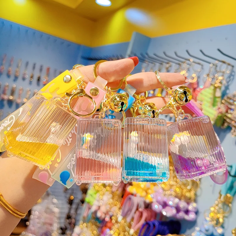 LLavero de unicornio flotante con arena movediza móvil de dibujos animados, botella de maleta transparente, llavero líquido con purpurina, regalo para pareja y mujer