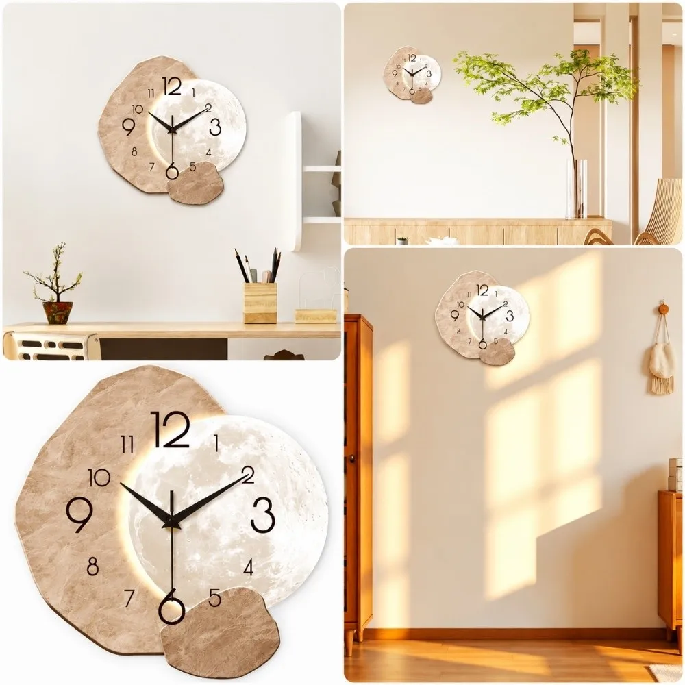 Moon Wall Clock Acrylic Material 2D Quartz Clock Multiple Suspension Methods Silent Quartz Movement Moon Shape Clock Living Room