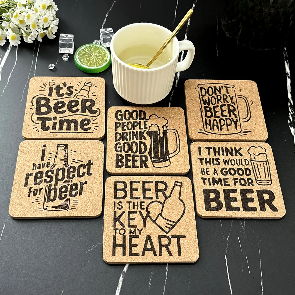 6pcs/Set Square Cork Coaster Engraved Beer Design Pattern Tea Coffee Mug Drinks Holder for Kitchen Natural Wooden Mat Tableware