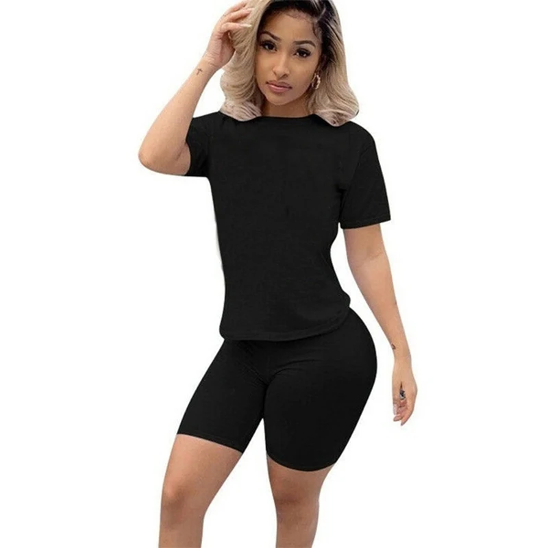 Latest FashionTwo-piece Solid Color Women's Clothing Short-sleeved Crew Neck T-shirt and Tight-fitting Shorts.