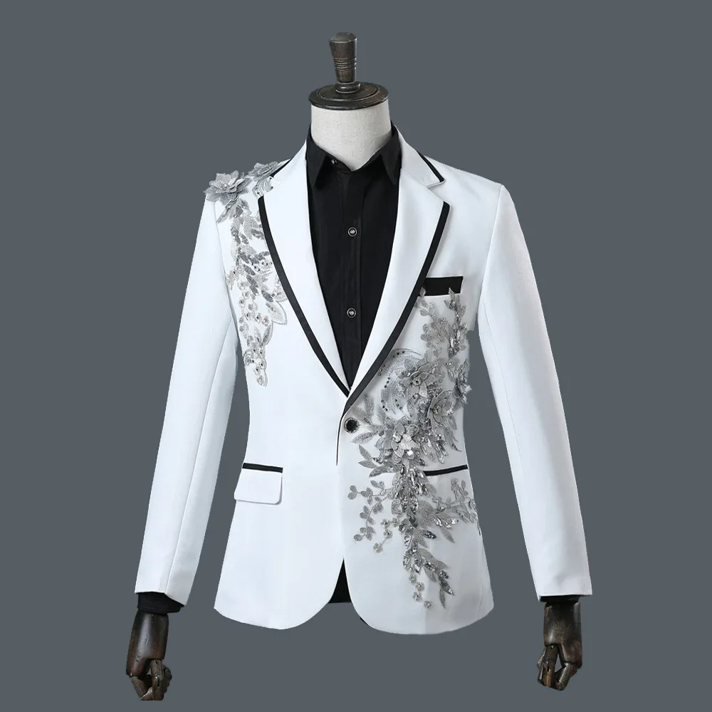 Fashion Embroidery Sequins Floral Suit Blazer Men One Button White 2 Piece Suit (Jacket+Pants) Party Stage Singer Wear Costume