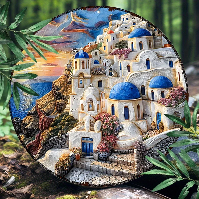 Rundes Kunstschild aus Aluminium im Santorini-Insel – 1 Stück, 20,32 cm, UV-beständig, Premium-Metall-2D-Dekor für Innen- und Außenwände, Licht