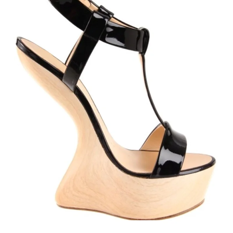 Wood Grain Hoof Heels T Straps Sandals Sexy Pointed Toe T Straps Size 35-48 Customized New Arrivals Fashion Women Modern Shoes view 6