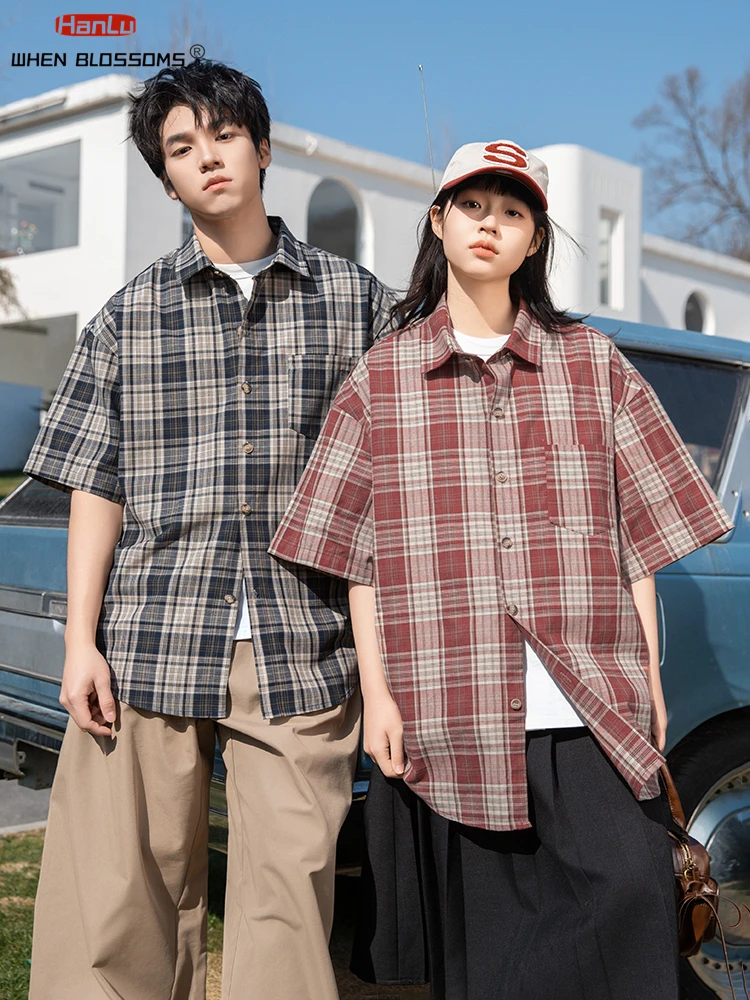 

HANLU Summer Streetwear Unisex Oversized Cotton Shirt American Vintage Casual Lapel Short Sleeve Checkered Shirt Coat 2025 New