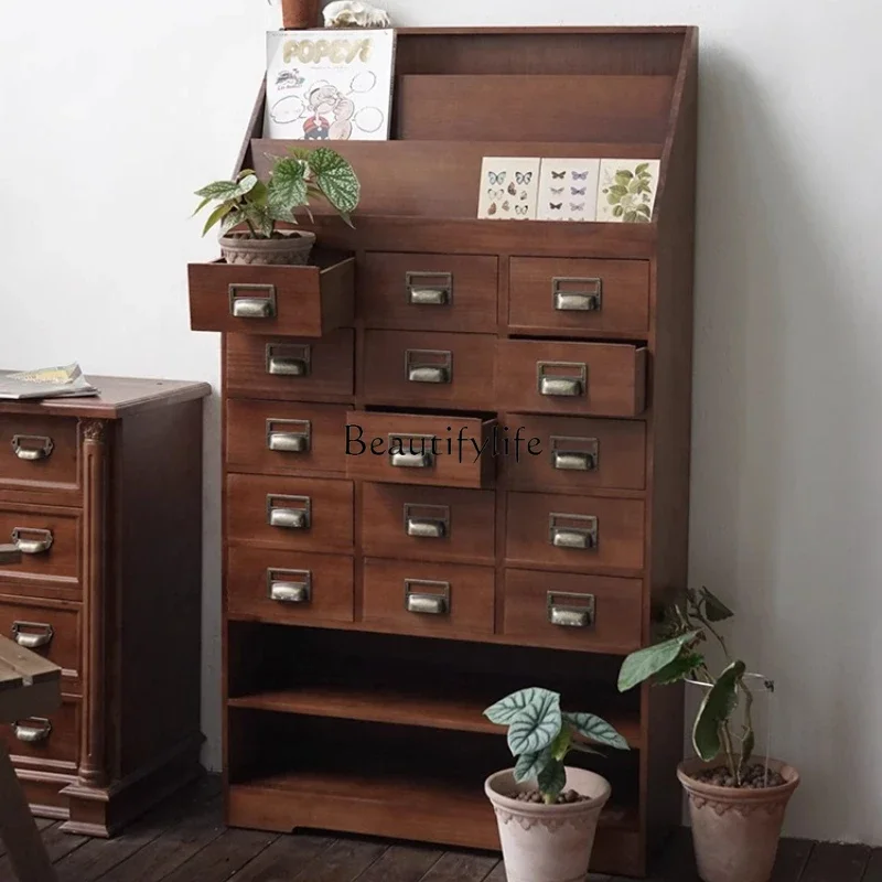 

ls 18American Retro Solid Wood Magazine Book Entryway Cabinet Drawer Living Room Storage Vintage Side Cabinet