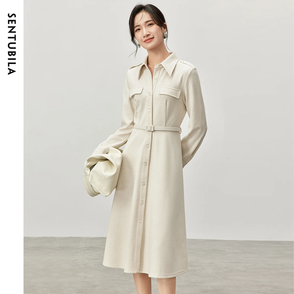 

SENTUBILA Texture Knitted A Line Dresses for Women 2024 Winter Fashion Retract Waist Sashes Simple Shirt Dress 144L57170