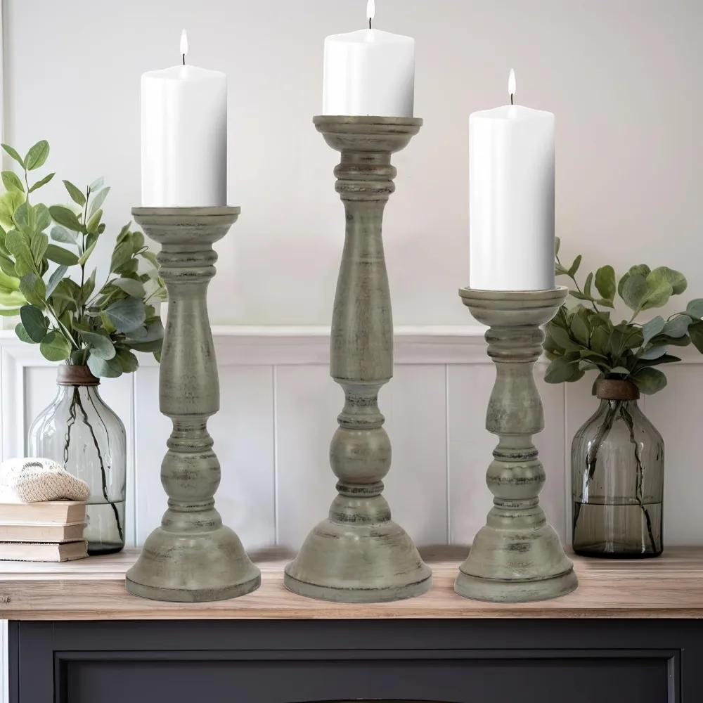 حامل عمود شمعة من الخشب الصلب - مجموعة من 3 حامل شمعدان منحوت يدويًا - مزرعة مركزية لطاولة العطلات الريفية البوهيمية