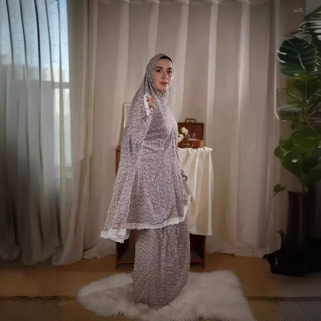 Robe de mode musulmane vêtements musulmans robe de prière islamique Ramanda impression femmes deux pièces prière Abaya dubaï femmes robes