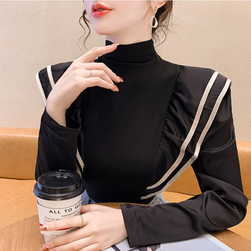 Stylish Turtleneck Spliced Folds Ruffles Blouse Female Clothing 2023 Autumn New Casual Pullovers All-match Office Lady Shirt